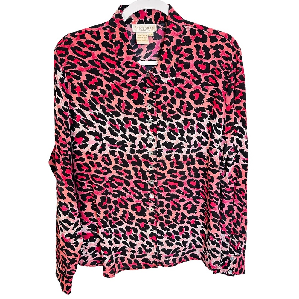 Vintage Victoria's 100% Silk Vibrant Pink Leopard‎ Blouse